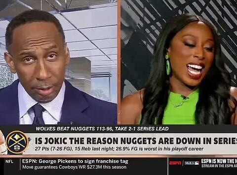 Split-screen TV broadcast: left host in a navy suit, right host in a green top, discussing Nuggets vs. Wolves with on-screen headline about Jokic and series lead (ESPN).