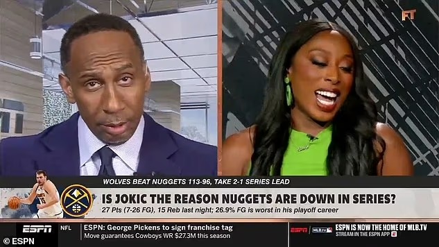 Split-screen TV broadcast: left host in a navy suit, right host in a green top, discussing Nuggets vs. Wolves with on-screen headline about Jokic and series lead (ESPN).