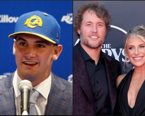 Left: man wearing a blue cap with a yellow brim and a plaid suit speaks into a microphone. Right: a man in a dark suit and a woman in a black dress smile for the camera on a red carpet.