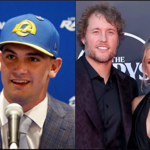 Left: man wearing a blue cap with a yellow brim and a plaid suit speaks into a microphone. Right: a man in a dark suit and a woman in a black dress smile for the camera on a red carpet.