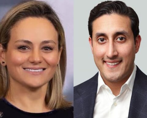 Side-by-side headshots: smiling blonde woman on the left, wearing a dark top, and smiling man in a suit on the right.