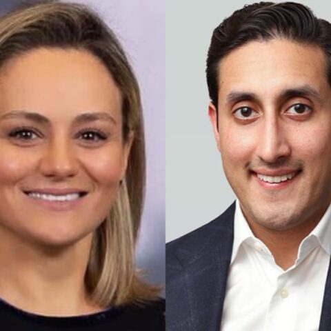 Side-by-side headshots: smiling blonde woman on the left, wearing a dark top, and smiling man in a suit on the right.