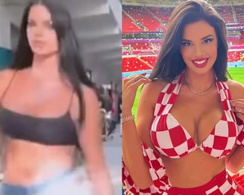 Two-panel image of a woman: left panel is a blurry indoor shot in a black bikini top; right panel shows the same woman at a stadium in a red-and-white checkered outfit, smiling.] ,