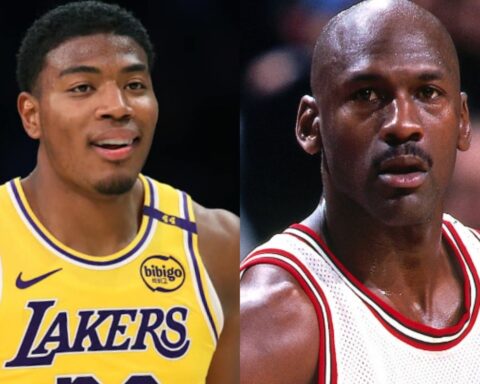 Split image showing two basketball players: left in a yellow Lakers jersey, right in a white Bulls jersey, close-ups of their faces.