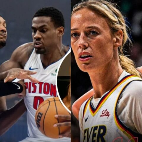 Collage of four basketball players: two men with blue/white uniforms on the left contesting the ball, two women in white and dark uniforms on the right looking forward with determined expressions.
