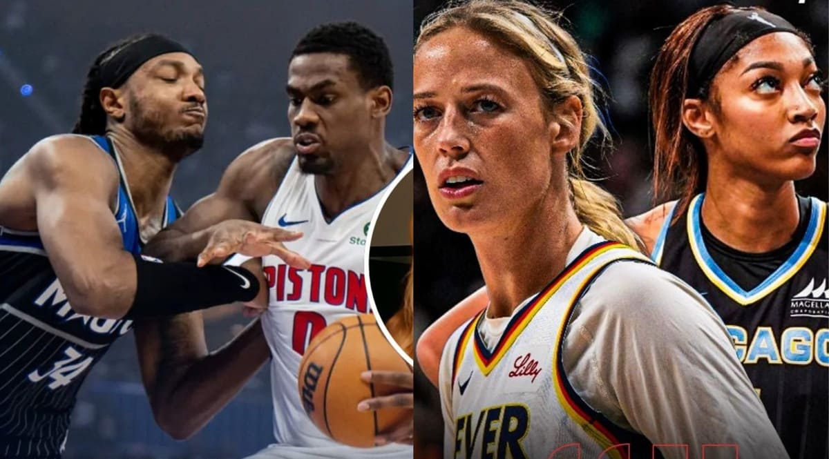 Collage of four basketball players: two men with blue/white uniforms on the left contesting the ball, two women in white and dark uniforms on the right looking forward with determined expressions.