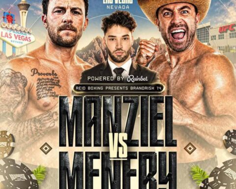Promo UFC poster in Las Vegas showing two muscular fighters flanking a suited man in the center with a large VS graphic and event branding in the background.