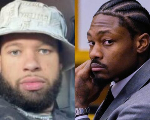 Side-by-side image of two men; left man wears a light bucket hat and has a beard, right man wears a gray suit with cornrowed hair and a thoughtful expression.