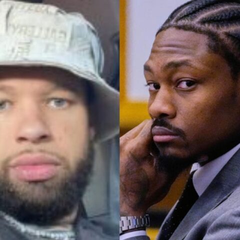 Side-by-side image of two men; left man wears a light bucket hat and has a beard, right man wears a gray suit with cornrowed hair and a thoughtful expression.