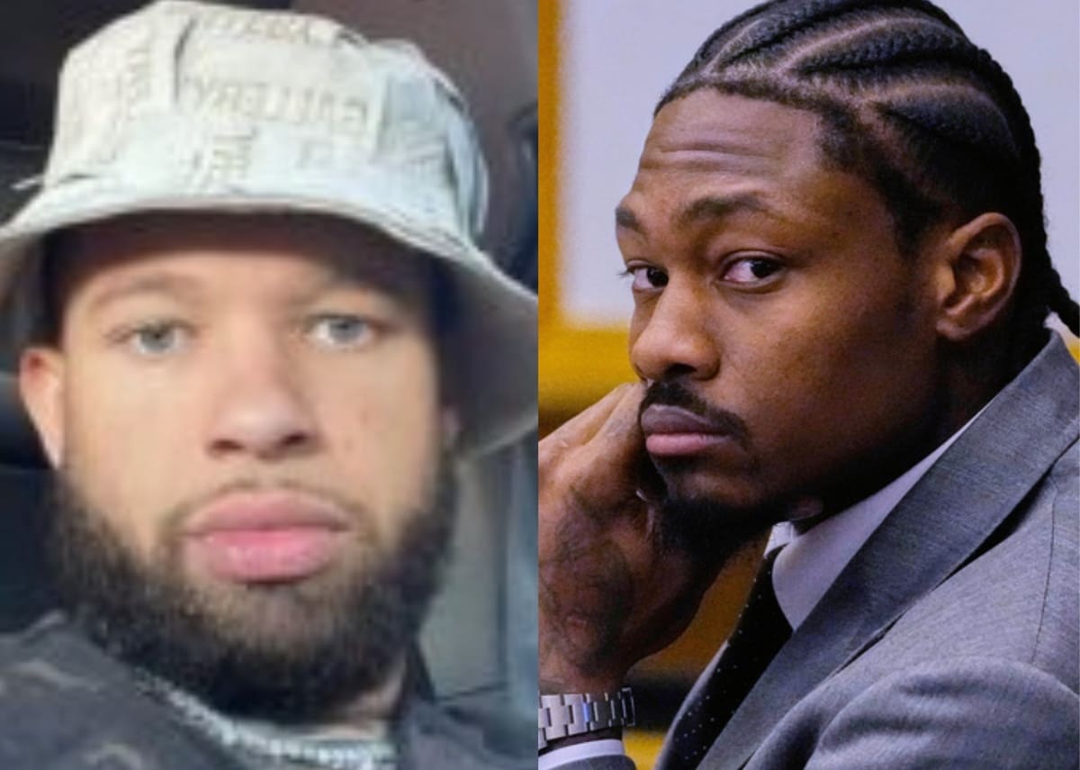 Side-by-side image of two men; left man wears a light bucket hat and has a beard, right man wears a gray suit with cornrowed hair and a thoughtful expression.