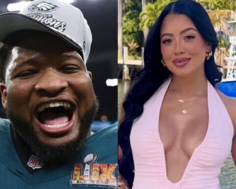 Split image: left a man in an Eagles cap celebrating with Super Bowl rings; right a woman with dark hair in a pink halter dress by the water.
