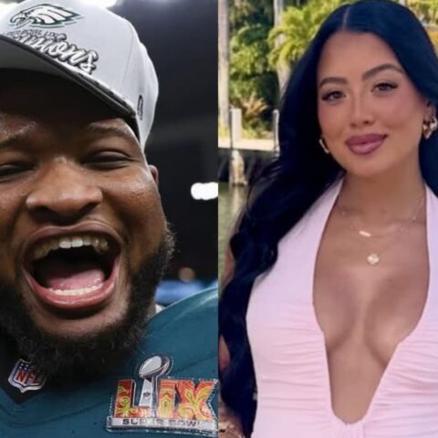 Split image: left a man in an Eagles cap celebrating with Super Bowl rings; right a woman with dark hair in a pink halter dress by the water.