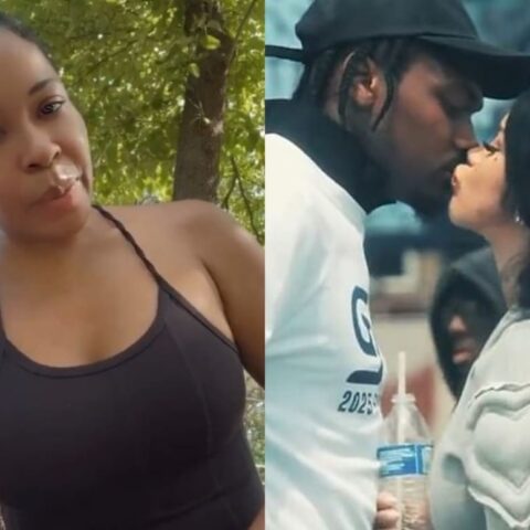 Split image: left side shows a woman in a black halter top outdoors taking a selfie; right side shows a couple kissing in a street setting, the man wearing a hat and the woman with long dark hair, holding a bottle nearby.