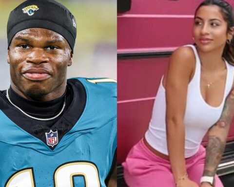 Split image: left shows a Black NFL player in a teal Jaguars jersey and black cap; right shows a woman in a white tank top and pink pants posing beside a pink backdrop.