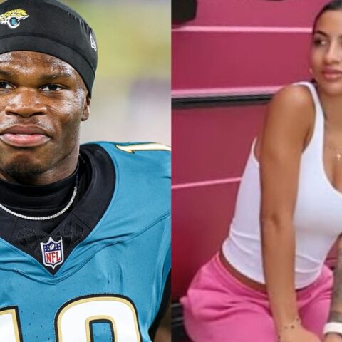 Split image: left shows a Black NFL player in a teal Jaguars jersey and black cap; right shows a woman in a white tank top and pink pants posing beside a pink backdrop.