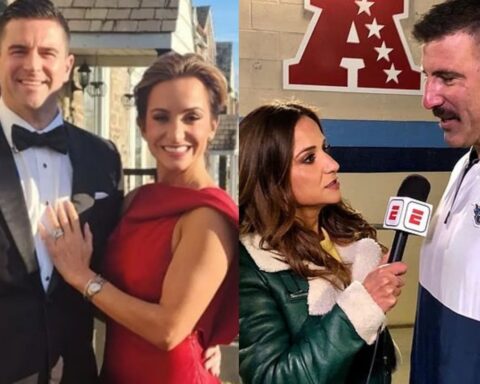 Left: a man in a black tuxedo and a woman in a red evening gown posing outdoors; right: a female reporter interviewing a man in a white/navy sports polo in a gym with an ESPN microphone.