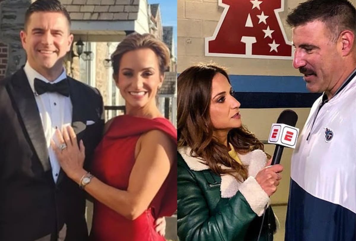 Left: a man in a black tuxedo and a woman in a red evening gown posing outdoors; right: a female reporter interviewing a man in a white/navy sports polo in a gym with an ESPN microphone.