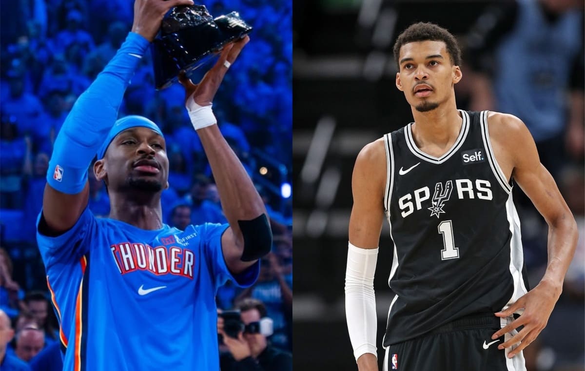 Collage of two basketball players on court: left in blue Thunder jersey lifting a trophy in celebration, right in black Spurs jersey standing with hand on hip.