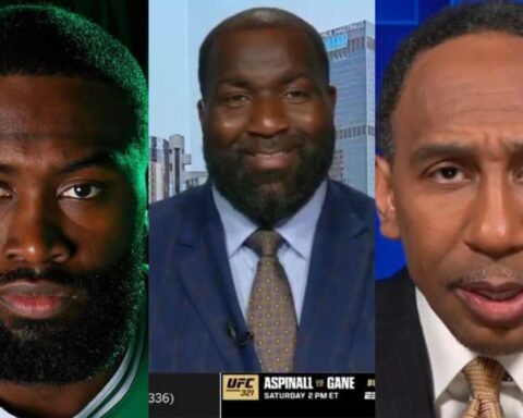 Split-screen collage of three men: left is a bearded athlete in a green tint, middle is a smiling man in a suit, right is a man in a suit speaking.
