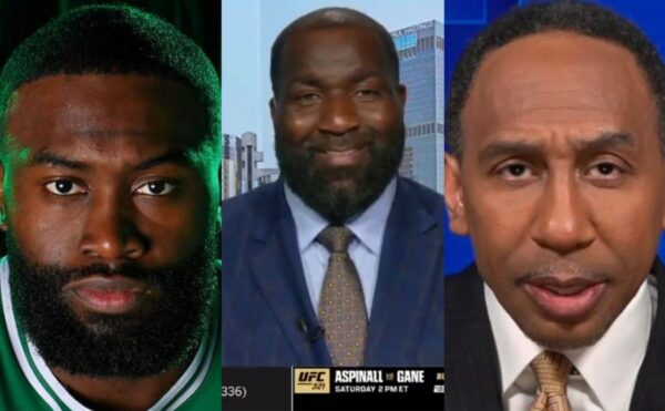 Split-screen collage of three men: left is a bearded athlete in a green tint, middle is a smiling man in a suit, right is a man in a suit speaking.