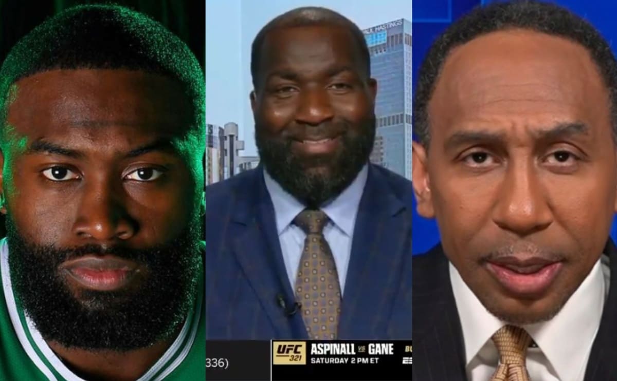 Split-screen collage of three men: left is a bearded athlete in a green tint, middle is a smiling man in a suit, right is a man in a suit speaking.