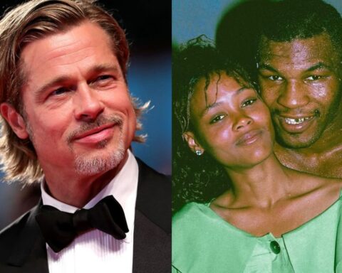 Split image: man in a tuxedo on the left and a smiling couple in green on the right.