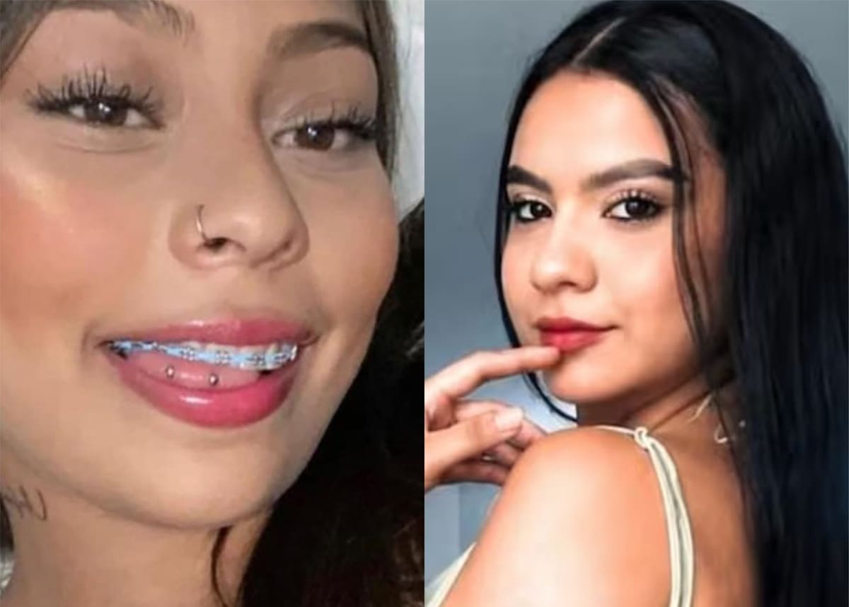 Two young women shown in close-up portraits side by side: left with braces and a nose ring smiling, right with long dark hair and subtle makeup posing with a finger near her lips or chin.