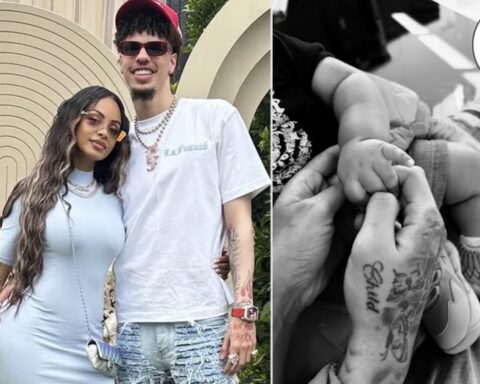 Couple posing outdoors on the left, wearing light outfits and visible tattoos; right side shows a black-and-white close-up of hands holding a baby’s hand (tender moment).