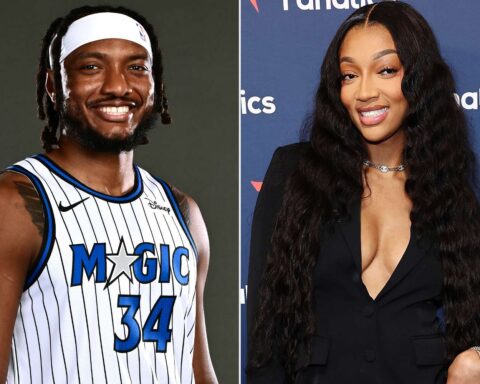 Smiling NBA player in a white Orlando Magic jersey #34 on the left; smiling woman in a black blazer at an event on the right.