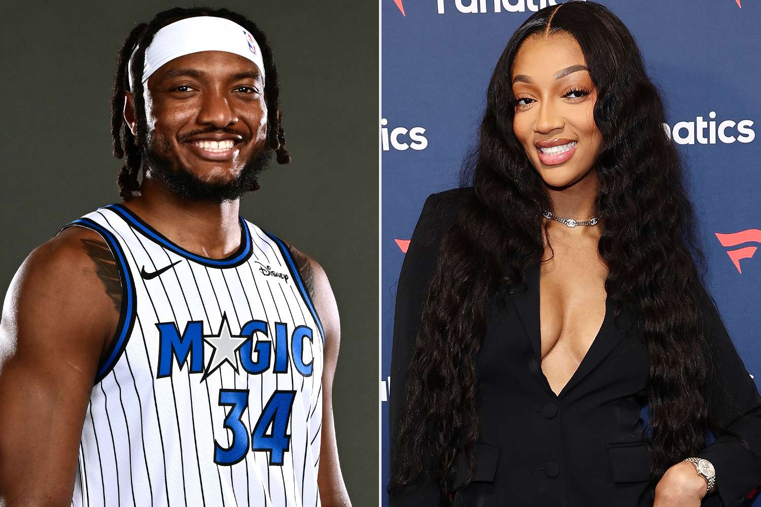 Smiling NBA player in a white Orlando Magic jersey #34 on the left; smiling woman in a black blazer at an event on the right.