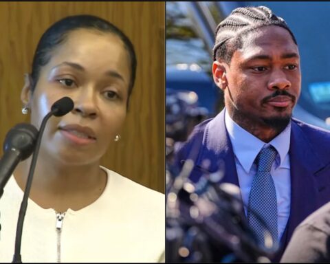Left: woman speaking into a microphone at a formal briefing; right: man in a blue suit and tie speaking to reporters outdoors.