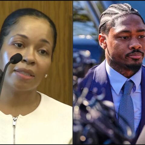 Left: woman speaking into a microphone at a formal briefing; right: man in a blue suit and tie speaking to reporters outdoors.
