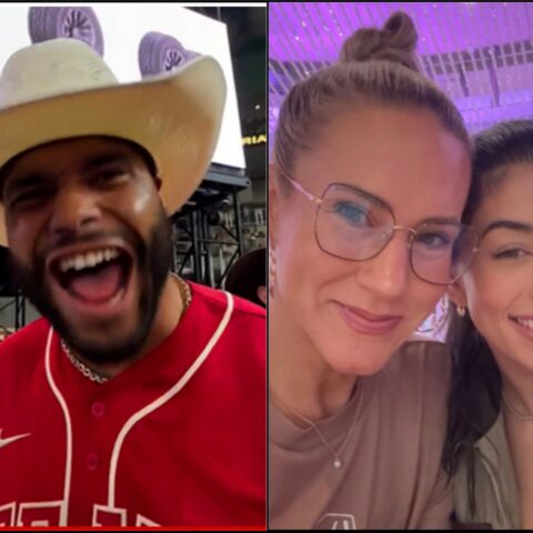 Two friends posing for a split-screen selfie: man in a red sports jersey with a wide hat laughing on the left, and two women smiling close together on the right under purple lighting.