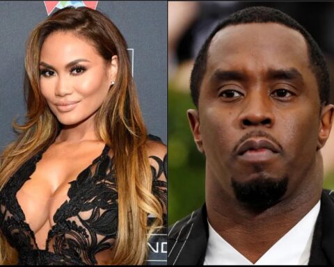 Split image: left woman in black lace dress posing on red carpet; right man in suit looking serious.