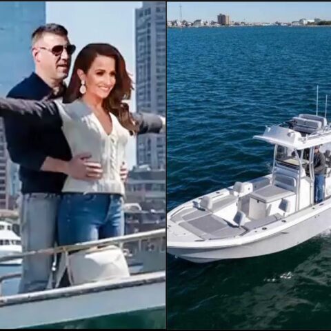 Split image: a smiling couple on a yacht with arms outstretched against a city skyline; the other panel shows a white speedboat on blue water.