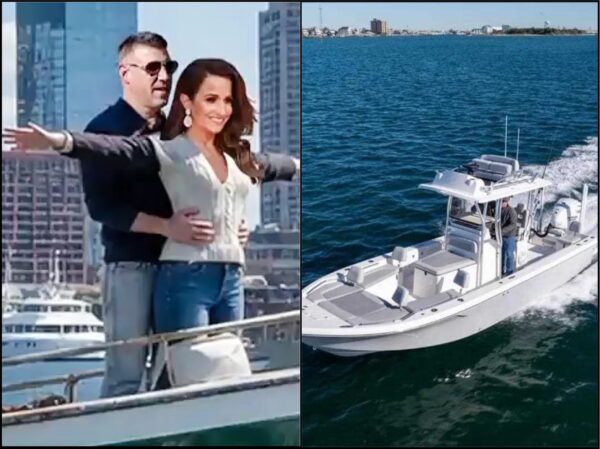 Split image: a smiling couple on a yacht with arms outstretched against a city skyline; the other panel shows a white speedboat on blue water.