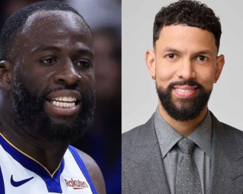 Two men side by side: left shows a sweaty basketball player in a blue-and-white jersey, right shows a man in a gray suit smiling in a studio portrait.
