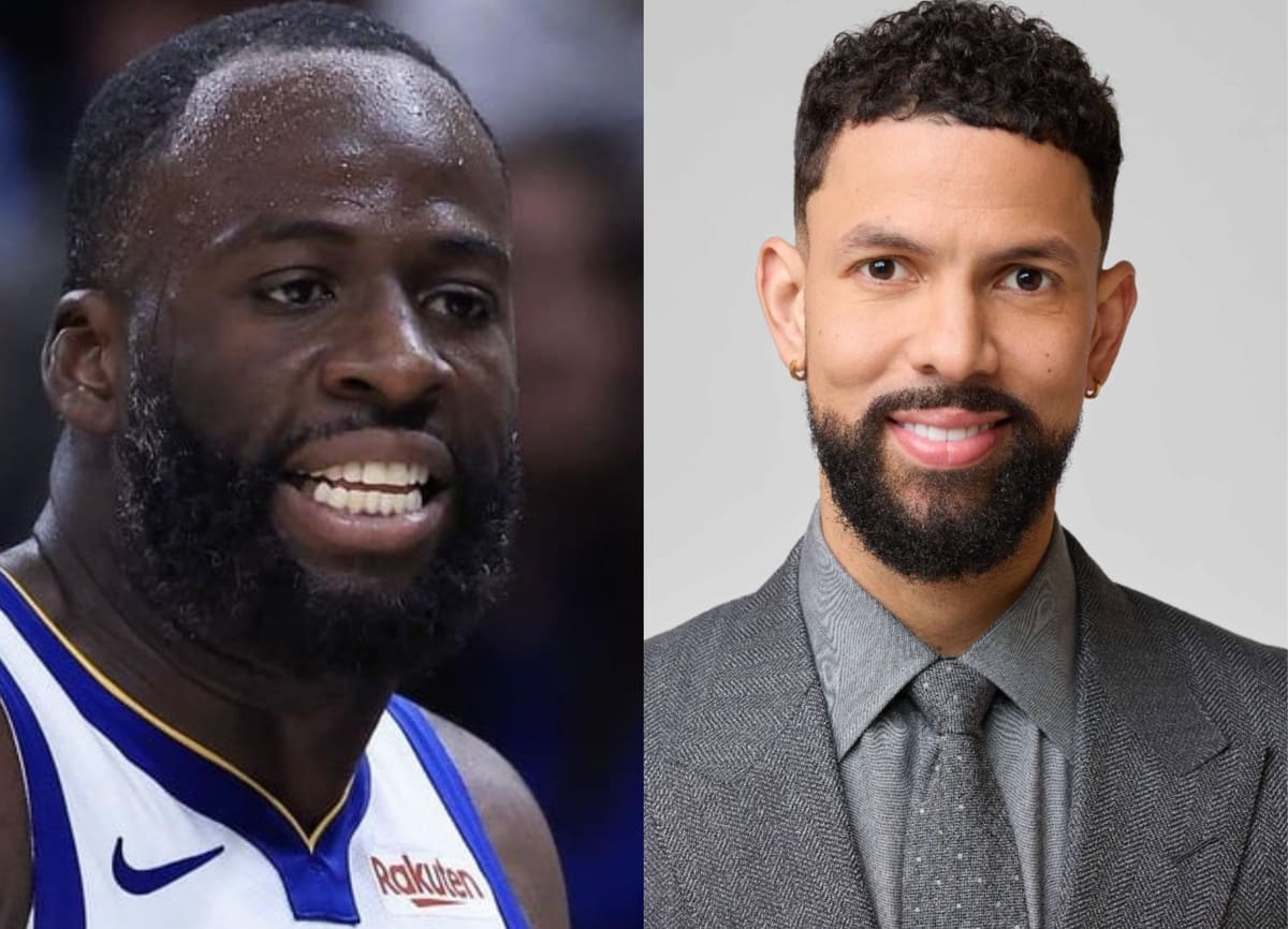 Two men side by side: left shows a sweaty basketball player in a blue-and-white jersey, right shows a man in a gray suit smiling in a studio portrait.