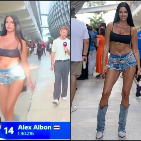 Woman in gray sports bra and cut-off denim shorts walking outside a venue with a camera crew nearby; split-screen with a reporter in the left panel and a model in a black crop top on the right panel.