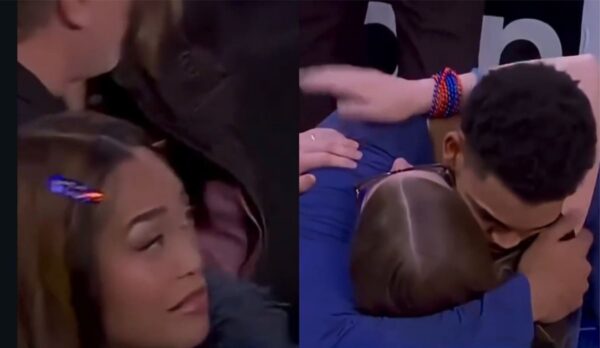 Split-screen collage: left panel shows a woman with a blue and red hair clip smiling with eyes closed; right panel shows two people in blue outfits hugging.