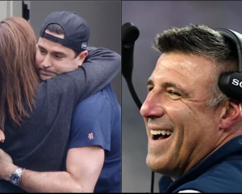 Two-panel collage: left shows a man in a blue shirt embracing someone with long hair; right shows a man wearing headphones and smiling.