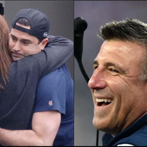 Two-panel collage: left shows a man in a blue shirt embracing someone with long hair; right shows a man wearing headphones and smiling.