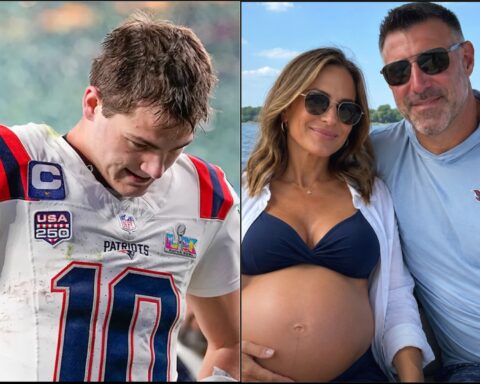 Split image: left shows a football player in a Patriots jersey looking down; right shows a pregnant woman in a navy bikini with a man on a boat wearing sunglasses.