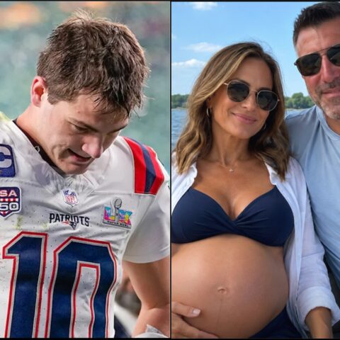 Split image: left shows a football player in a Patriots jersey looking down; right shows a pregnant woman in a navy bikini with a man on a boat wearing sunglasses.