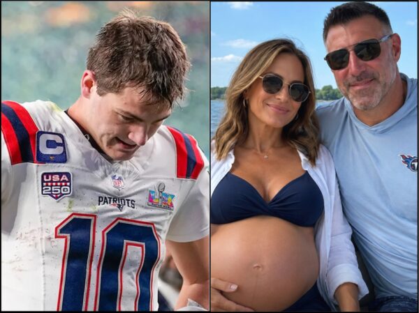 Split image: left shows a football player in a Patriots jersey looking down; right shows a pregnant woman in a navy bikini with a man on a boat wearing sunglasses.