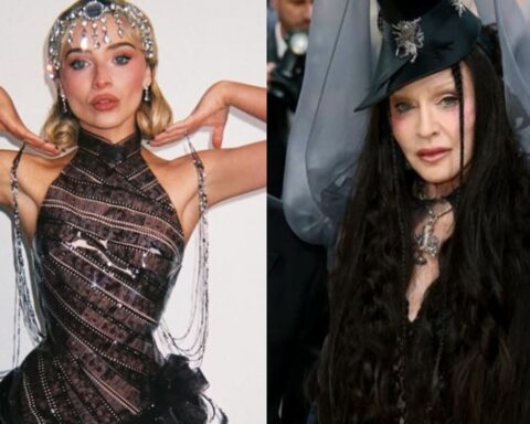 Split image of two women in glamorous outfits: left in a jeweled headpiece and metallic striped dress; right in a dark, dramatic outfit with a tall hat and long dark hair.