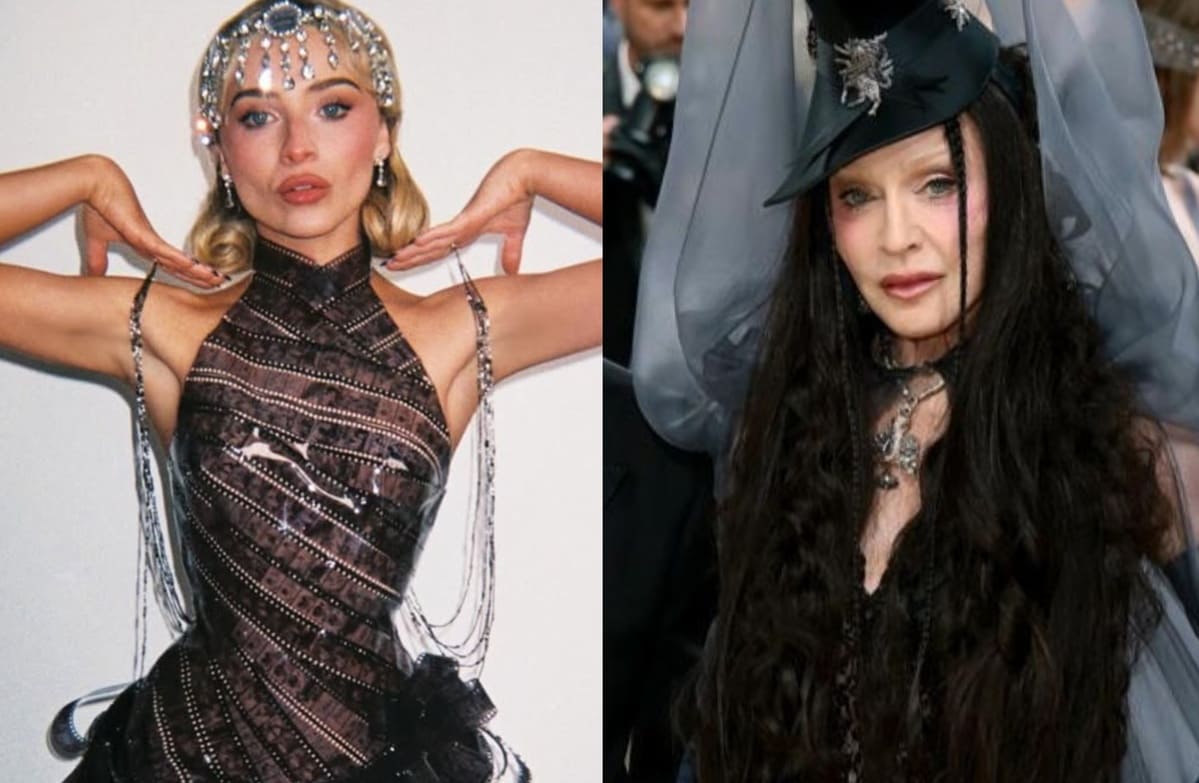 Split image of two women in glamorous outfits: left in a jeweled headpiece and metallic striped dress; right in a dark, dramatic outfit with a tall hat and long dark hair.