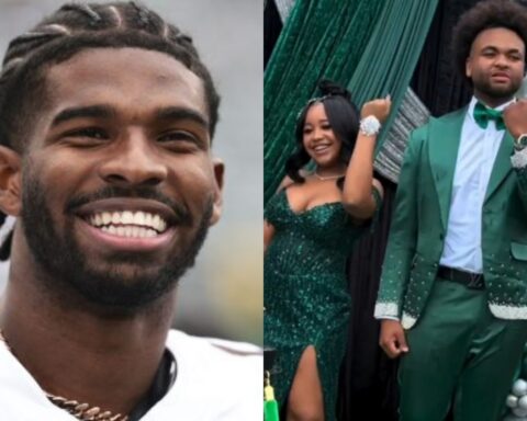 Left: close-up of a smiling man with braided hair and a gold chain. Right: couple in emerald-green formal wear posing at a party or gala.