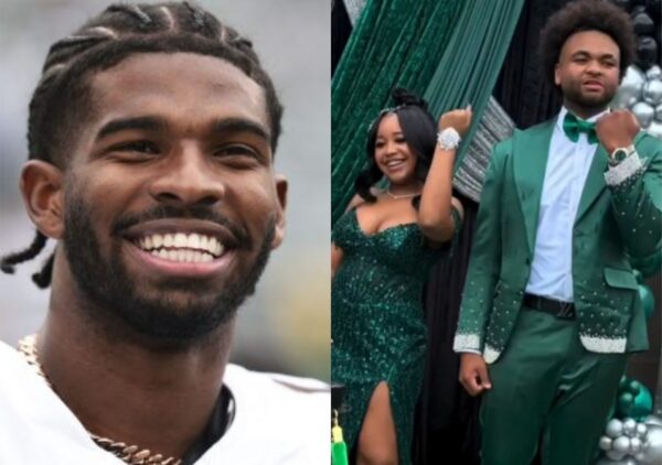 Left: close-up of a smiling man with braided hair and a gold chain. Right: couple in emerald-green formal wear posing at a party or gala.