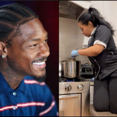 Smiling man with braided hair in a blue striped polo on the left, and a female cook wearing gloves preparing food at a stove on the right (kitchen scene).